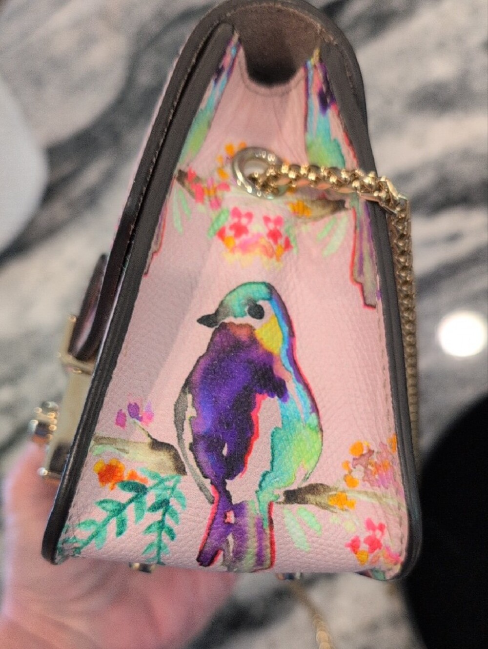 Furla Pink Watercolor Bird Mini Crossbody with Gold Chain - Picture 9 of 11